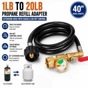 40-Inch Propane Refill Adapter Hose with Pressure Gauge
